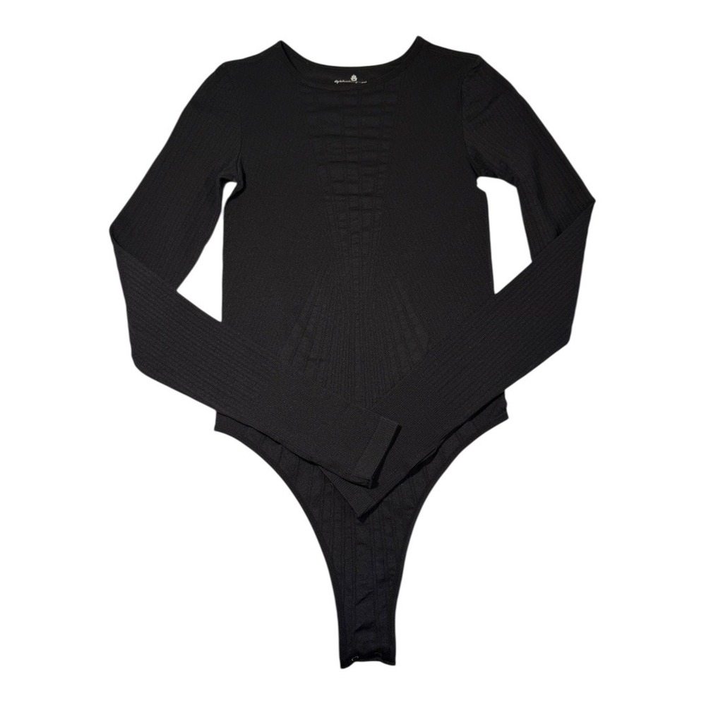 Spiritual Gangster Black Ribbed Long Sleeve Thong Bodysuit Women's M L